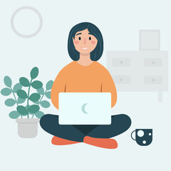 Girl with laptop on the flor. Freelance or studying concept. Cute illustration in flat style. Vector illustration of freelance work. Happy woman work online, teleworking. EPS 10