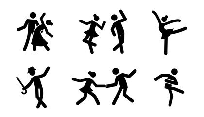 ..Pictogram dancer stick figure icon set. Black pictogram party dancing people, tango couple, ballet woman. Vector illustration.