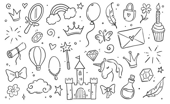 Hand drawn princess doodle set. Beauty cute girl princess accessories, fairy unicorn, castle. Doodle background. Vector illustration.