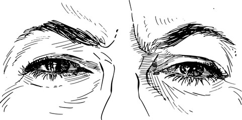 Fototapeta premium Close-up of adult woman's frowning eyes. Concept of eye language, non-verbal communication. Black and white vector illustration on white background.