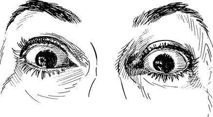 Close-up of adult woman's eyes wide open, surprised. Concept of eye language, non-verbal communication. Black and white vector illustration on white background.