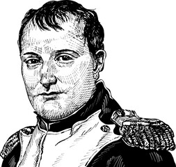 Portrait of Napoleon Bonaparte; French history. Series of historical characters. Black and white vector illustration isolated on white background.