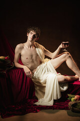 Creative portrait of young handsome man in image of famous historical character, medieval person...