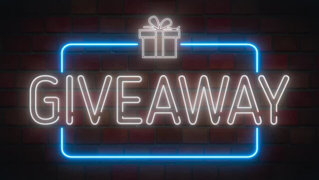 Giveaway neon sign in a frame with a giftbox on a brick background. Animation glowing neon line text Giveaway. 4K Video motion graphic animation.