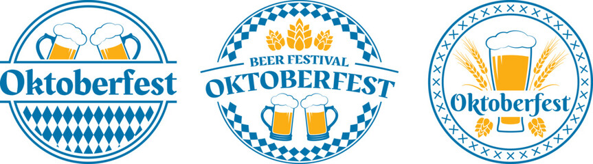 Oktoberfest logo or label set. Beer fest round badges with mug icons. German, Bavarian October festival design elements. Vector illustration. - obrazy, fototapety, plakaty