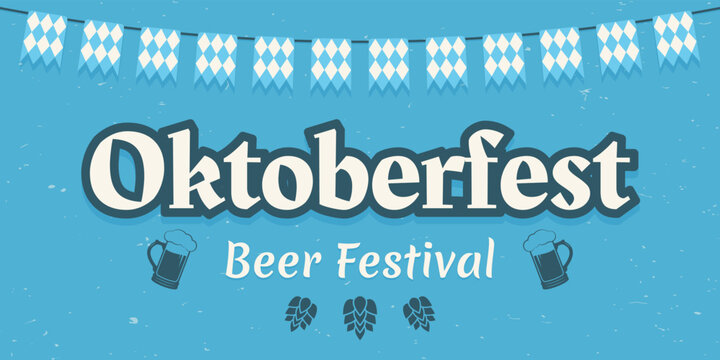 Oktoberfest text design. Beer festival banner with bunting flags. German October fest typography template. Vector illustration.