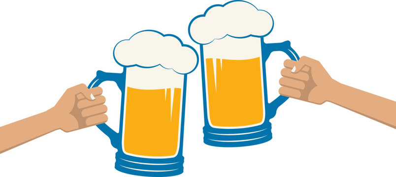 Beer toast icon. Cheers symbol with hands holding and clinking of beer mugs. Alcohol drink, bar or pub design element. Vector illustration.