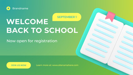 Welcome back to school open internet registration web banner paper book realistic 3d icon vector
