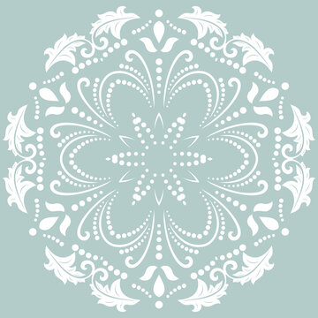 Oriental vector ornament with arabesques and floral elements. Traditional light blue and white round classic ornament. Vintage pattern with arabesques