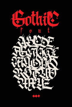Gothic. Vector. Uppercase and lowercase white letters on a black background. Beautiful and stylish calligraphy. Elegant European typeface for tattoo and design. Medieval Germanic modern style.