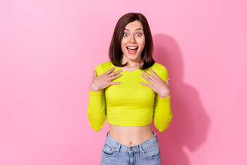 Photo of impressed overjoyed lady arms touch chest open mouth isolated on pink color background - obrazy, fototapety, plakaty