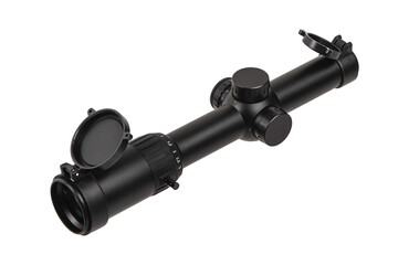 Optical sight for a sniper rifle. Modern sniper scope on a white back. Optical device for aiming and shooting at long distances.