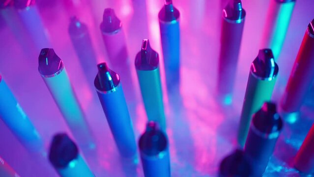 Lots of E-Cigarettes and Vapes with Smoke in Neon Lighting. Concept of Bad Habits. Modern Smoking Electronic Cigarettes. Slow Motion
