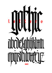 Gothic, display English alphabet. Medieval Latin letters. Classic old European style. Calligraphy and lettering. Lowercase letters for logos, labels and tattoos.