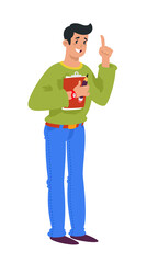 Illustration of a cartoon man with a folder.  The manager in an exclamation position, calls and draws attention to himself. Coach for personal development. HR manager or sales person.