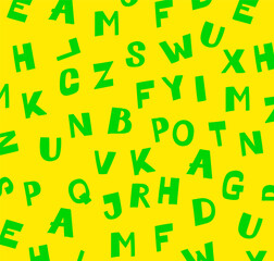 Pattern of green Latin letters on a yellow background.  Ornament for paper packaging and fabric. Mind-blowing pattern for your design.