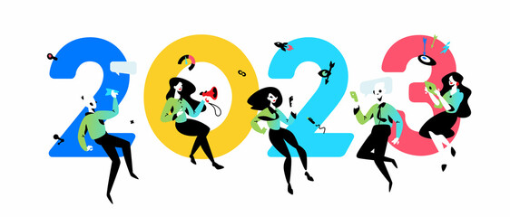 Illustration inscription 2023 New Year in the office.  Employees around the inscription. Image is isolated on white background. PR specialists celebrate. Banner of the New Year and Christmas.