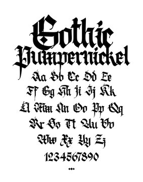 Gothic alphabet. Contemporary Gothic. Black calligraphic letters on a white background. All letters are stored separately. Medieval Latin letters. Uppercase and lowercase letters for tattoo.