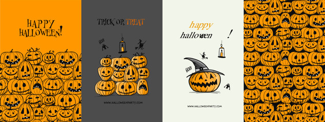 Halloween Hight, holiday party. Set of 4 concept art for your design project - cards, banners, poster, web, print, social media, promotional materials. Vector illustration