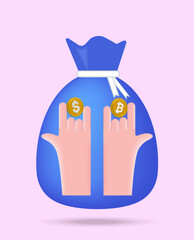 A money bag with dollars and bitcoins. Business and financial solution,
 3d vector illustration.