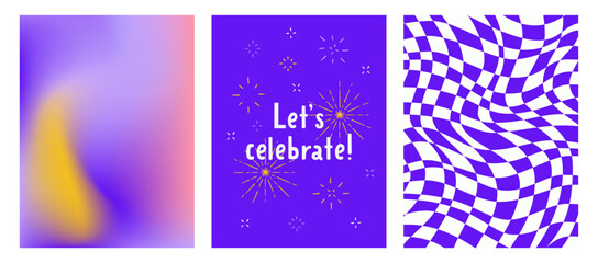 Set of vector templates for the holiday. Distorted checkered background,a mesh gradient and a greeting card with fireworks and the inscription let's celebrate. Design of a invitations, postcards