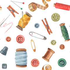 Watercolor seamless vintage pattern for sewing fashion design at white background. Craft art with needles, scissors, pins, buttons for textile and packs. Equipment for fashion designer.