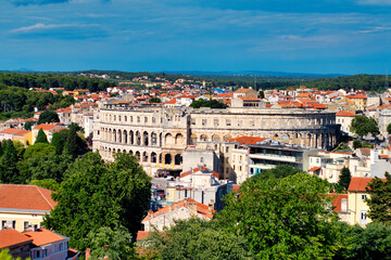 Aerial view of Pula, Croatia, with its main tourist attraction - Roman amphitheatre Arena
