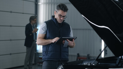 Mechanic in glasses swiping on tablet while standing near the bonnet and checking the results of...