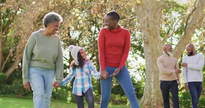 Video of happy african american mother, daughter and grandmother walking in garden holding hands