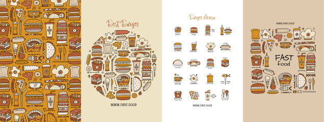 Fast food icons. Hamburger pizza sausages snacks sandwich ice cream. Food menu. Set of concept art for your design project - cards, banners, poster, web, print, social media, promotional materials