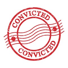 CONVICTED, text written on red postal stamp.