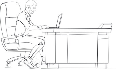 Young business man set in office working on laptop Outline vector design, Gulf business man set on chair in his desk working