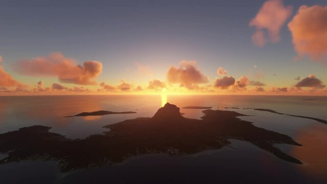 Front aerial view of the island of Bora Bora at sunset, in French Polynesia. France