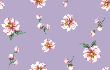 Bright feminine watercolor botanical floral fashionable stylish pattern with peony flowers pastel lilac background. 