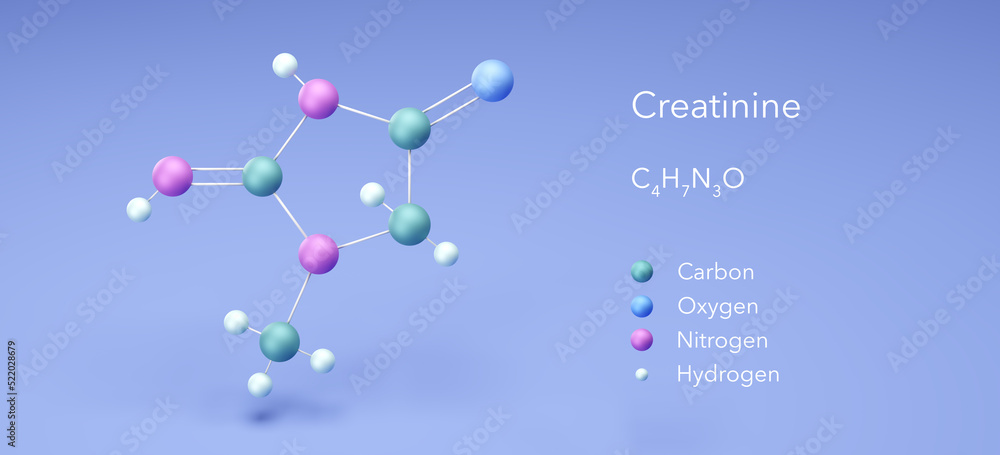 Poster creatinine. molecular structures, 3d rendering, Structural Chemical Formula and Atoms with Color Coding