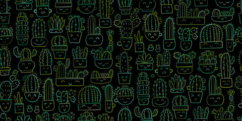 Cute cactus family. Kawaii potted plant. Seamless pattern background for your design
