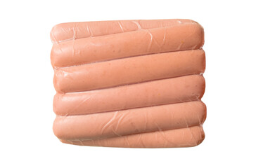 Sausages in vacuum plastic packaging isolated on white background. Vacuum transparent packaging...