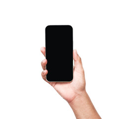 asian man hand holding Smartphone isolated on white background. man hand holding Smartphone with a black screen isolated on white background. Smartphone mock up or blank background 