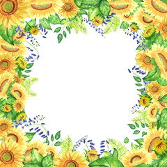 Hand-painted watercolor frame of sunflowers, bluebells, ferns and delphinium