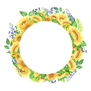 Hand-painted watercolor wreath of sunflowers, blubells and delphinium. Full of green leaves and ferns