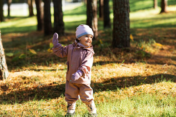 childhood, leisure and season concept - happy little baby girl walking in autumn park
