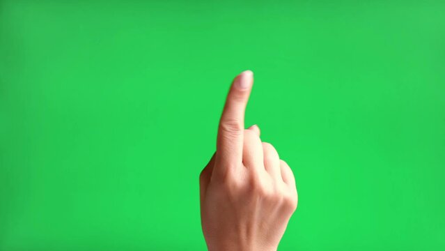Gestures pack. Female hand touching, clicking, tapping and swiping on chromakey green screen. Zoom in, zoom out. Close up. 4K Footage Pack. Using for a smartphone, tablet pc or a touch screen devices.