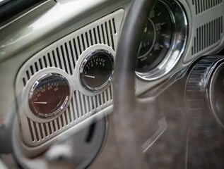 Dashboard and steering wheel of old-timer car
