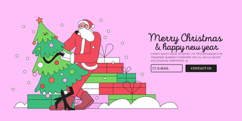 Merry christmas or happy new year greeting card with santa claus dancing with christmas tree near gifts. Creative banner, card, web page, poster, social media advertisement with funny modern santa.