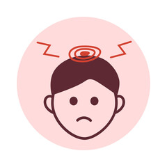 Man with intense headache and lightning strike icon. Linear pictogram of head pain and migraine.