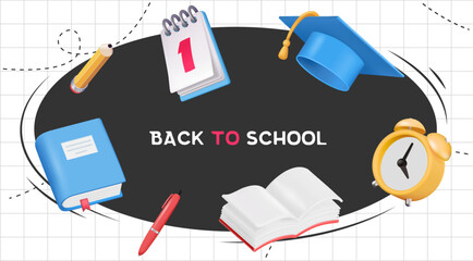 Back to school banner with school supplies on black background. Vector 3d illustration. Stationery items. Pens, pencils and marker pens.