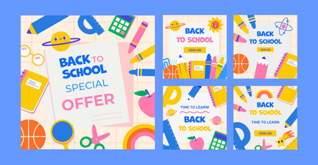 Set of 5 Back to School Templates. Modern, bright with a variety of school supplies and cute little planets. This design will make your advertisement, invitation or poster stand out.