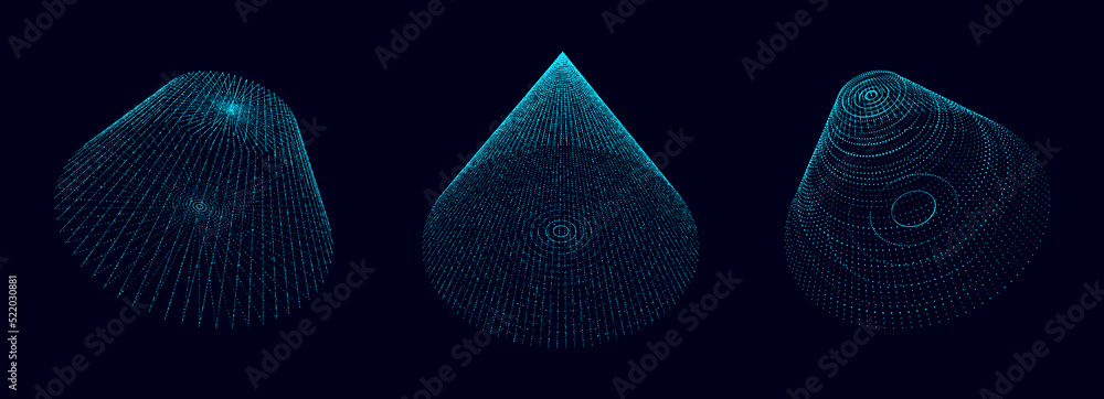 Poster set of deformed wireframe cones from different sides. vector abstract geometric 3d objects. technolo