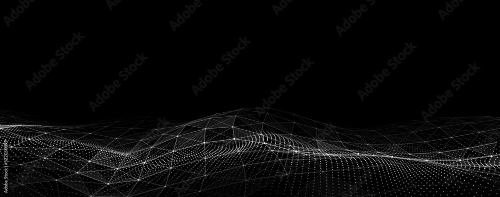 Poster Abstract technology wave of particles. Big data visualization. Background with motion dots. Artificial intelligence.
