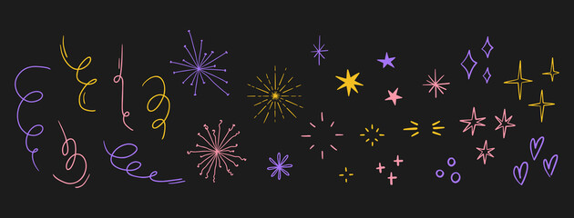 Large set of bright abstract Stars, fireworks, confetti. and doodles. Bright positive stickers. Hand drawn Abstract shapes. Vector illustrations. Cartoon style. All elements are isolated.